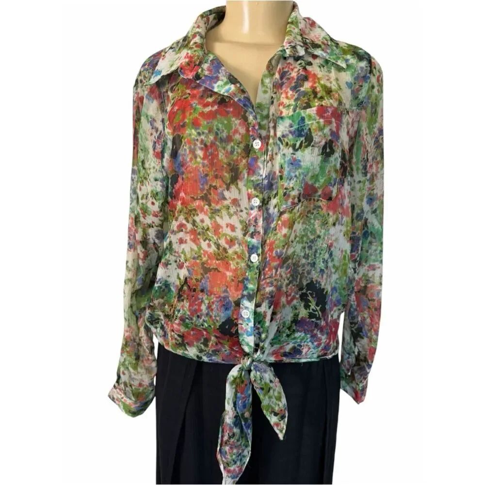 Anthro Pins & Needles Sheer long sleeve Button Up Blouse watercolor print medium